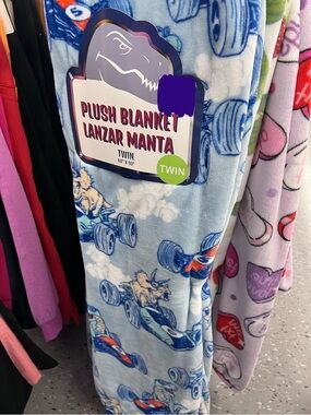 Plush Blanket Twin - Light Blue dinosaur Race Car Print